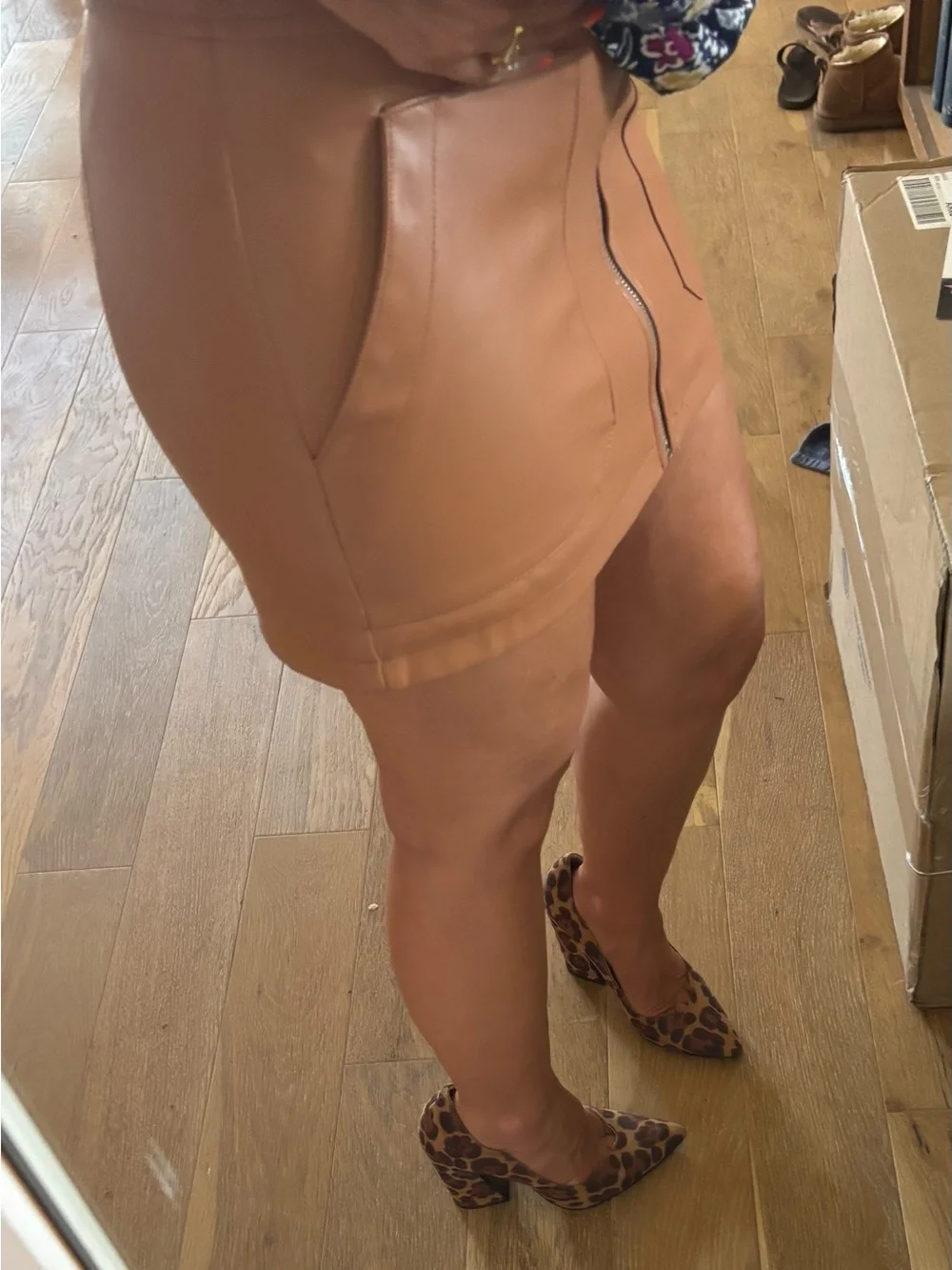 Free People Cognac Faux Leather Mini Skirt with Front Zip